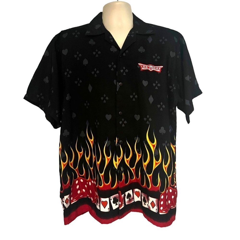 Mens Vintage Retro Las Vegas Black Button Front Shirt Medium Flames Poker Dice